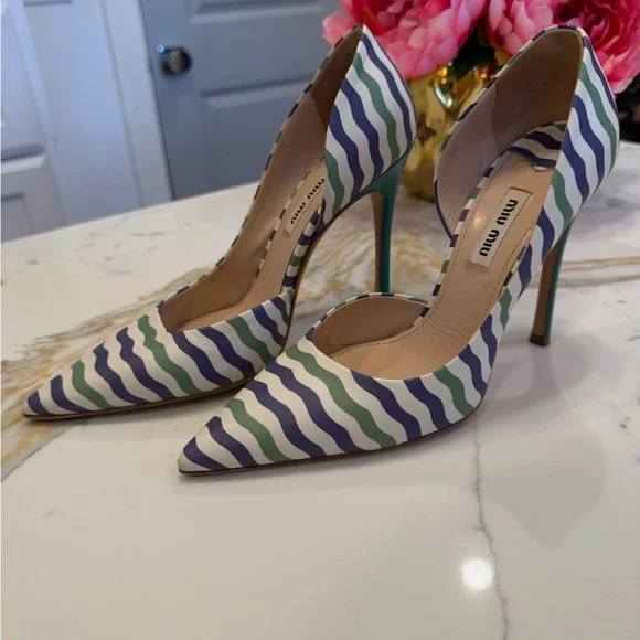 Miu Miu Multicolor Stripe Pointed Toe Pumps Green Heel - Picture 4 of 6